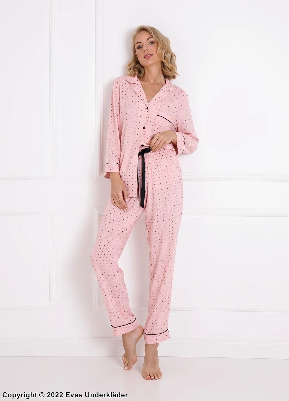 Pyjamas med top och byxa, långa ärmar, ficka och rosett, små prickar
